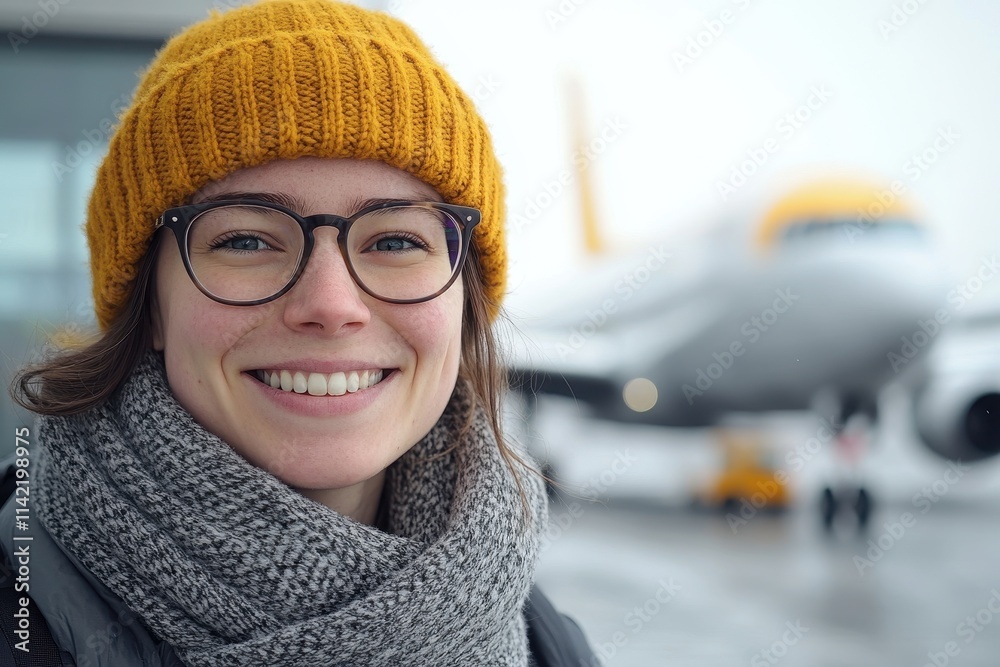 Smiling woman in a yellow beanie and grey scarf at airport. Perfect for travel, winter, or transportation themes. Smiling woman in a yellow beanie and grey scarf at airport. Perfect for travel, winter, or transportation themes.