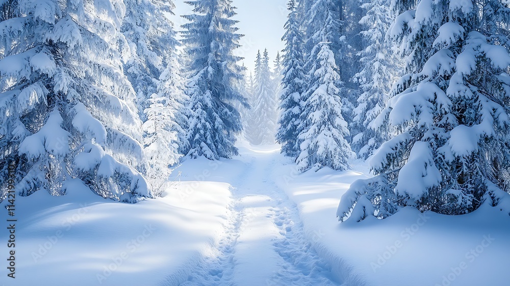 Fototapeta premium Peaceful Winter Path in Snow Laden Forest with Tall Pine Trees : Generative AI