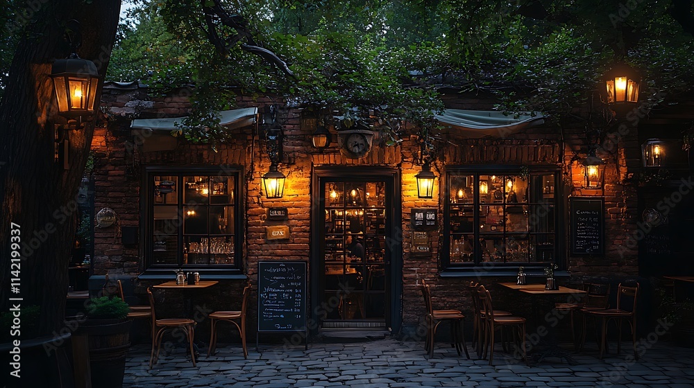Obraz premium A Cozy Brick Building Restaurant At Night With Outdoor Seating