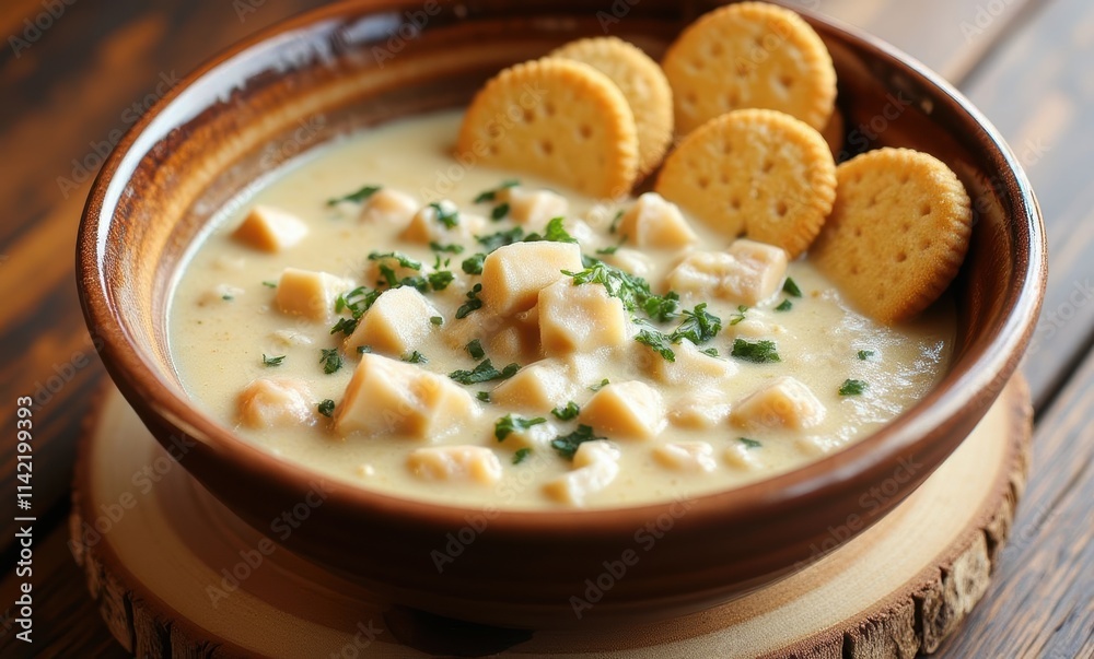 Delicious creamy soup with crackers Delicious creamy soup with crackers