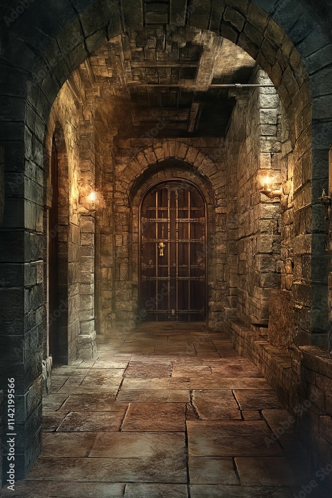 Naklejka premium Stone passage, arched entryway, metal door, dim lighting.