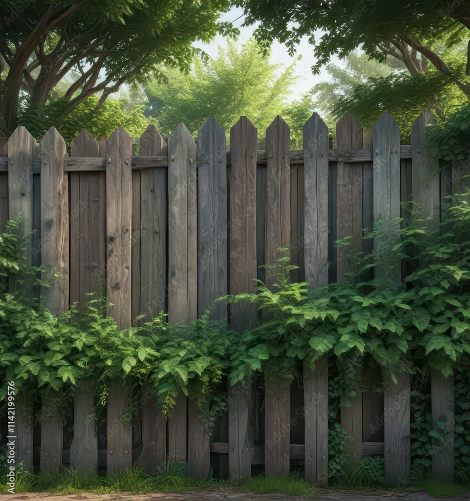 Dense green foliage surrounds a weathered wooden fence, foliage, bushy, overgrown Dense green foliage surrounds a weathered wooden fence, foliage, bushy, overgrown