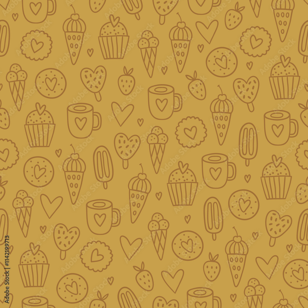 Valentine's Day outline seamless pattern with cups, ice cream, cookies, hearts, strawberries on yellow background. Perfect for wallpaper, gift paper, greeting cards. Vector hand drawn illustration Valentine's Day outline seamless pattern with cups, ice cream, cookies, hearts, strawberries on yellow background. Perfect for wallpaper, gift paper, greeting cards. Vector hand drawn illustration