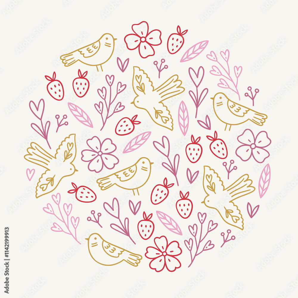 custom made wallpaper toronto digitalValentine's Day outline greeting card with birds, flowers, strawberries, leaves, berry on white background. Circle ornament. Perfect for seasonal holidays and romantic decorations. Vector illustration