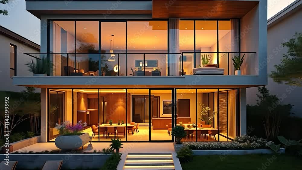 Modern two-story house exterior with illuminated windows and glass balcony at dusk