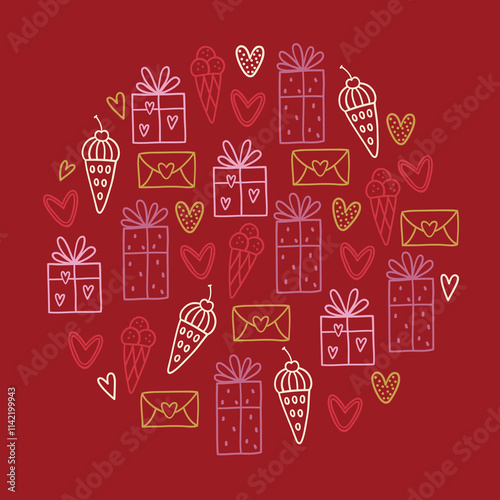 Wallpaper Mural Valentine's Day outline greeting card with ice cream, hearts, love letters, gifts on red background. Circle ornament. Perfect for seasonal holidays and romantic decorations. Vector illustration Torontodigital.ca