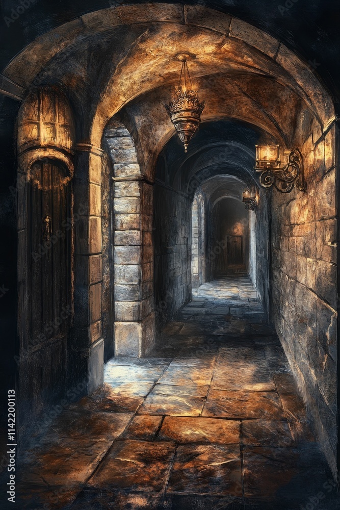 Stone corridor, arched ceiling, dim lighting, ancient feel. Stone corridor, arched ceiling, dim lighting, ancient feel.