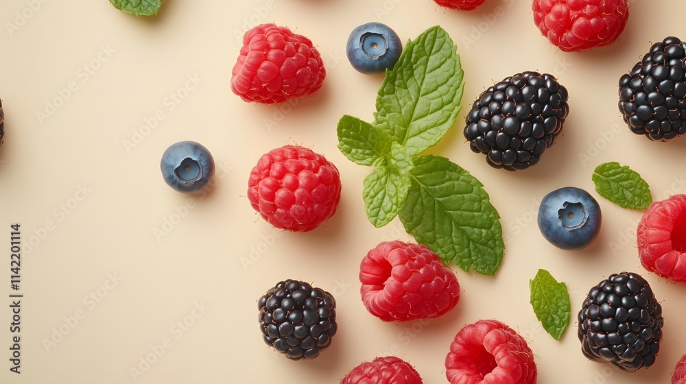 An arrangement of fresh summer berries, including raspberries, blackberries, and blueberries, is complemented by green mint leaves on a light beige background in vibrant, minimalist styling. An arrangement of fresh summer berries, including raspberries, blackberries, and blueberries, is complemented by green mint leaves on a light beige background in vibrant, minimalist styling.