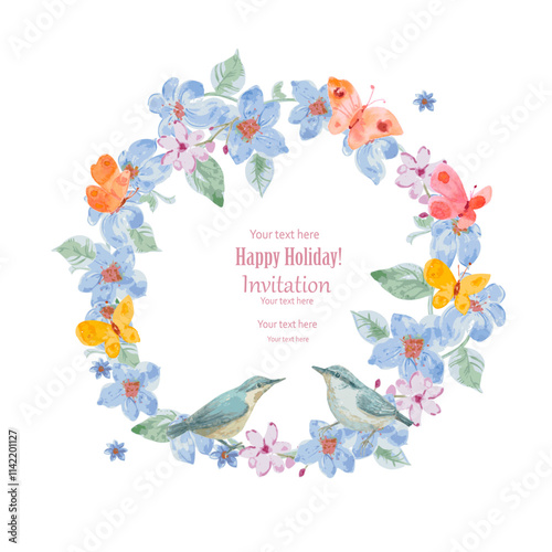 watercolor floral wreath with couple of birds, butterflies and flowers. invitation card with round  frame of blue blooms