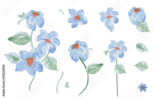 watercolor collection of blue flowers, twigs, stems, leaves. watercolour vector floral set