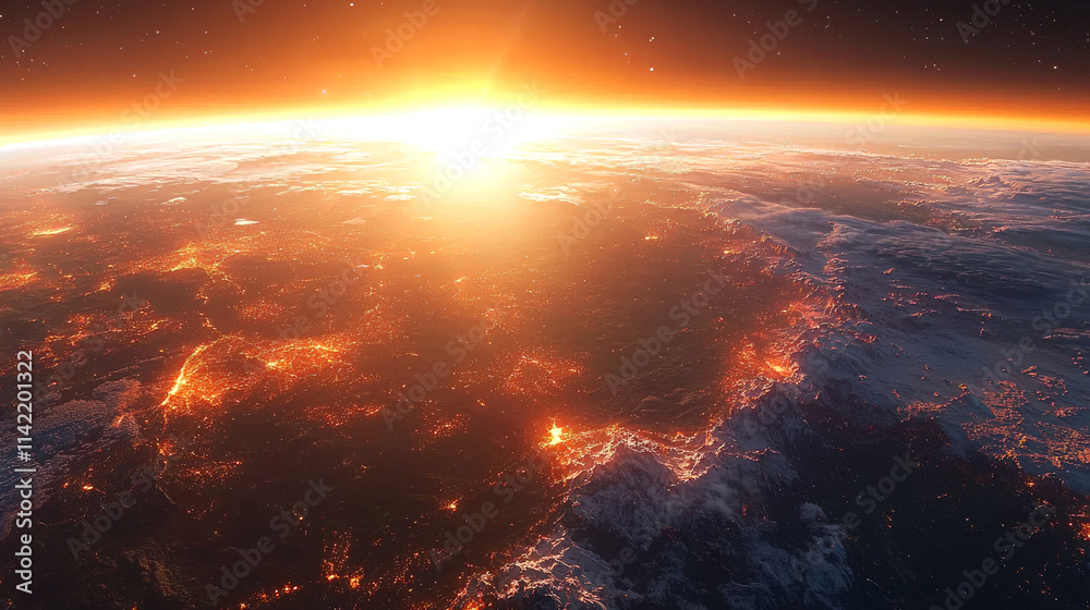 Fototapeta premium Sunrise over Earth, city lights.