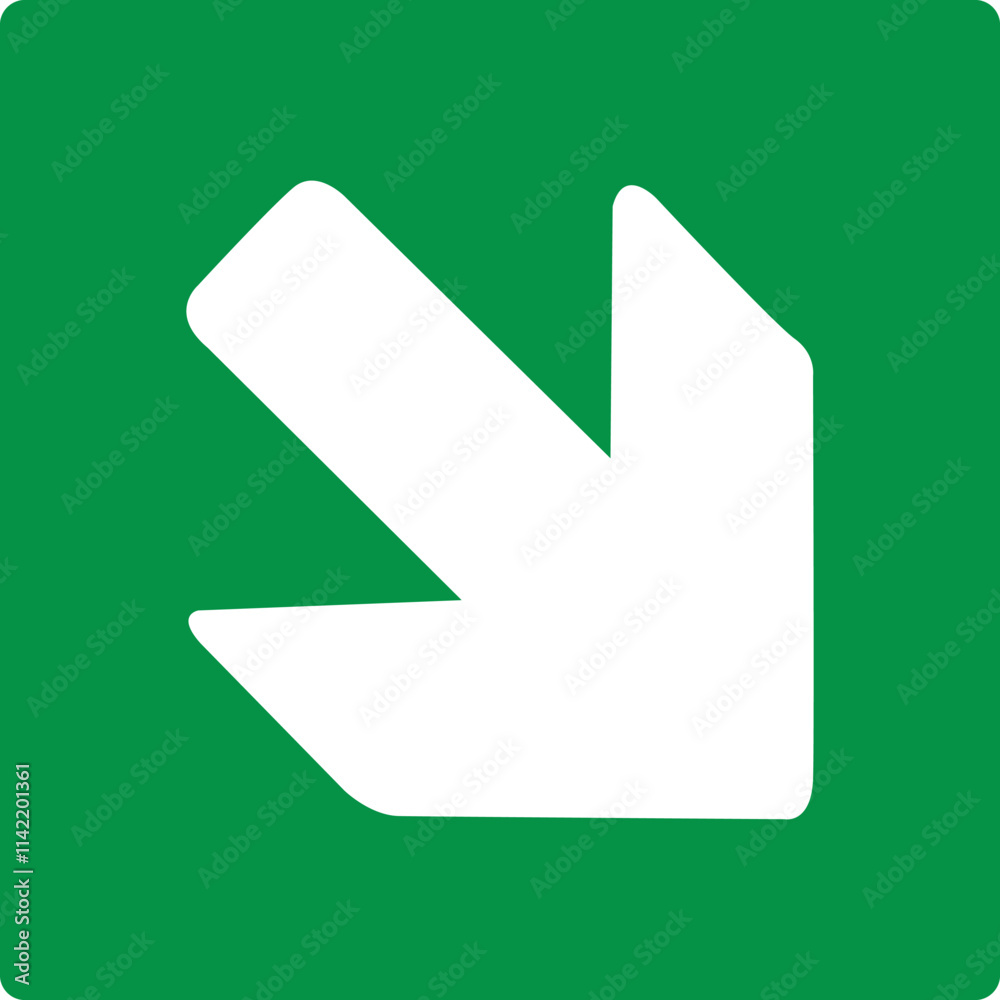 Green sign right arrow. Arrow pointing down to the right. Arrow 45° degrees. Direction movement to exit or shelter in an emergency. Movement to a safe area. Nearest safe point or exit. ISO 7010. Green sign right arrow. Arrow pointing down to the right. Arrow 45° degrees. Direction movement to exit or shelter in an emergency. Movement to a safe area. Nearest safe point or exit. ISO 7010.