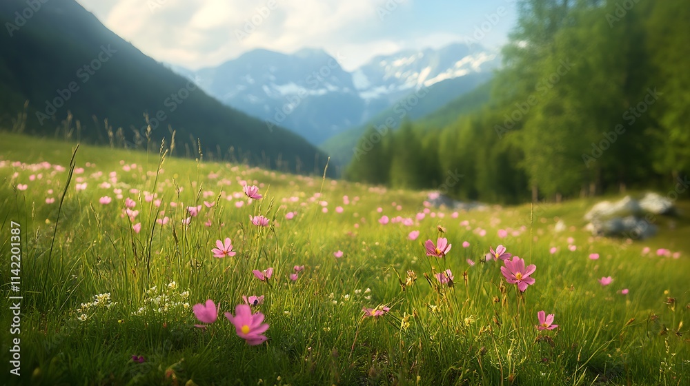 Obraz premium Lush Meadow with Blossoming Wildflowers Set Against Majestic Mountains : Generative AI