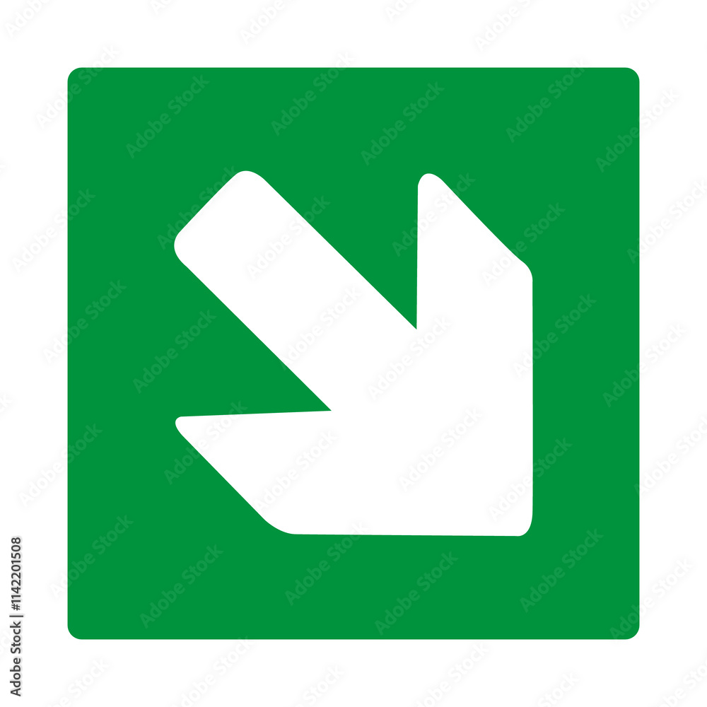 Green sign right arrow. Arrow pointing down to the right. Arrow 45° degrees. Direction movement to exit or shelter in an emergency. Movement to a safe area. Nearest safe point or exit. ISO 7010.