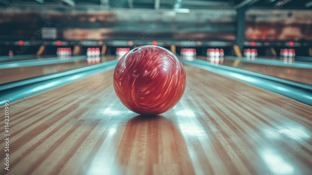 Red Bowling Ball Rolling Towards Pins on Wooden Lane in Alley Red Bowling Ball Rolling Towards Pins on Wooden Lane in Alley