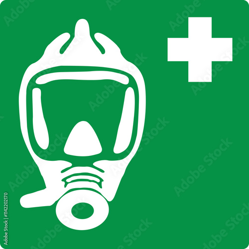 Green sign emergency escape breathing device. Location of emergency breathing mask. Safety equipment. Protection of face and respiratory tract in hazardous conditions. Safety symbol. Iso 7010.