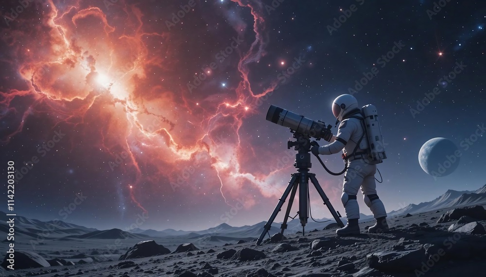 Fototapeta premium Astronaut Explores Cosmos Telescope on Alien Planet