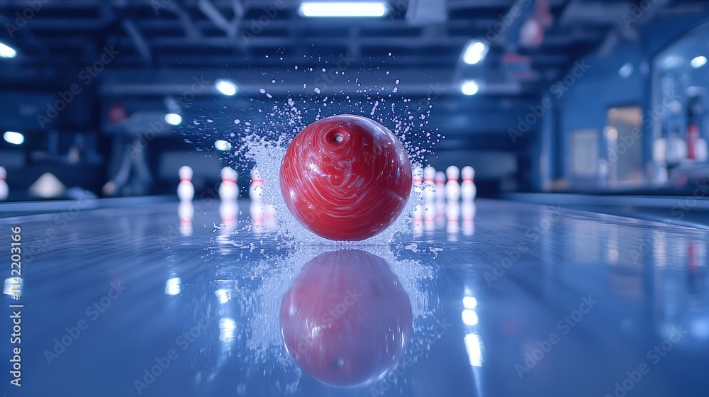 Red Bowling Ball Skimming Across Lanes Creating Splash Effect Red Bowling Ball Skimming Across Lanes Creating Splash Effect