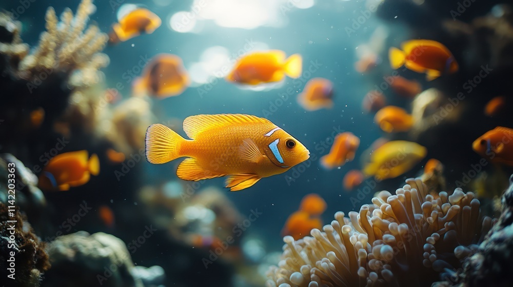 Vibrant Underwater Scene: A School of Orange Fish Vibrant Underwater Scene: A School of Orange Fish