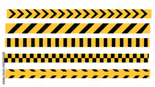 yellow and black caution warning tape set for industrial safety, road, construction, hazard area. Abstract Stripes for Police, Accident, Under Construction. Danger Tape. Seamless Vector collection
