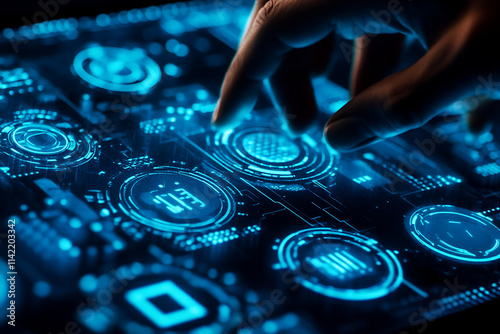 Close-up of hands arranging glowing financial tokens on futuristic table representing economic analysis and digital finance