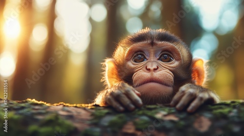 A cute baby monkey gazes with curiosity over a sunlit branch in a lush forest, capturing the essence of innocence and natural wonder in wild habitats. photo