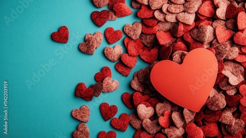 A collection of red felt hearts scattered over a textured surface symbolizes love and affection, creating a warm and inviting romantic decoration.