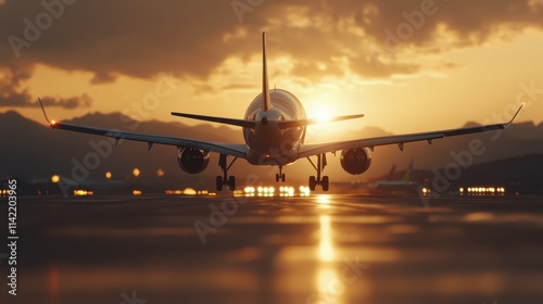 A picturesque airplane landing during a breathtaking sunset, embodying tranquility and precision, capturing the dream of flight in a serene landscape. photo