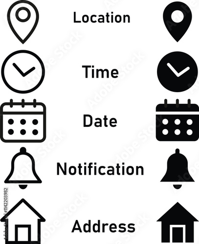 Date, time, location address, notification icon. Address location icon. Notification bell icon. Stopwatch timer icon. Date Calendar icon - Web icons set
