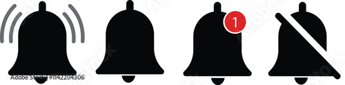 Notification bell icon set. along with a ringing bell and notification number sign for alerts and alarms
