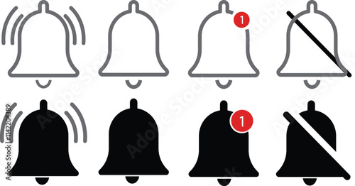 Notification bell icon set. along with a ringing bell and notification number sign for alerts and alarms
