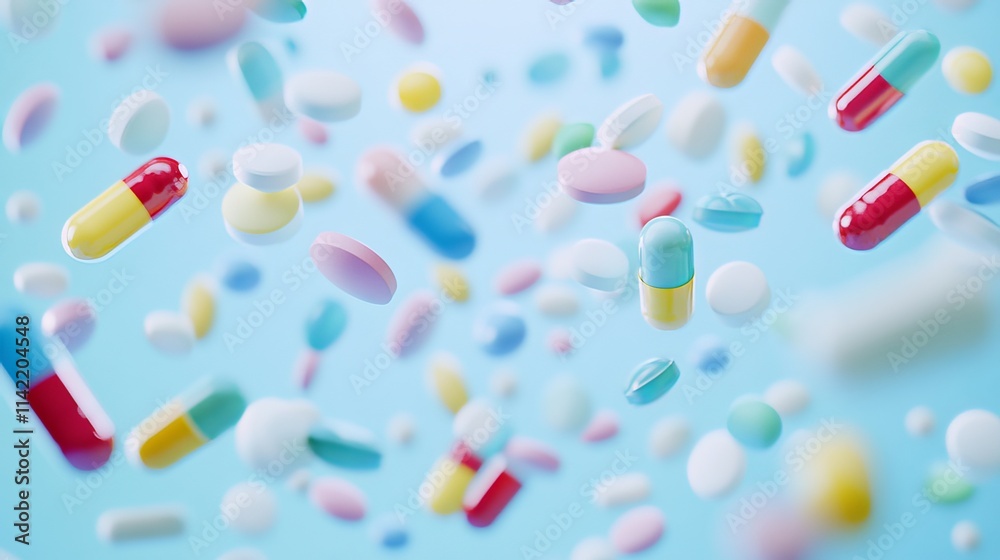 A variety of colorful pills in various shapes and sizes are scattered on a light blue glass surface. The background is a light, blurred blue, and the pills are sharply focused in the foreground A variety of colorful pills in various shapes and sizes are scattered on a light blue glass surface. The background is a light, blurred blue, and the pills are sharply focused in the foreground