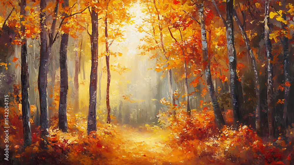 Obraz premium Autumn Path: Golden sunlight filters through a vibrant autumn forest, illuminating a tranquil path leading into the heart of nature's embrace.