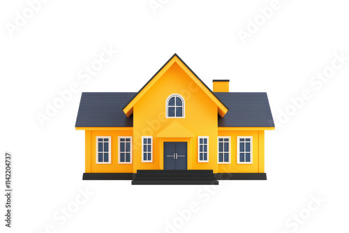 A vibrant yellow house with a sloped roof, featuring large windows and a front door, symbolizing warmth and comfort.