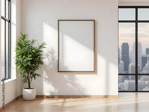 심플한 미니멀리즘 화이트 액자 포스터 인테리어 Minimalist White Interior with Framed Poster Mockup