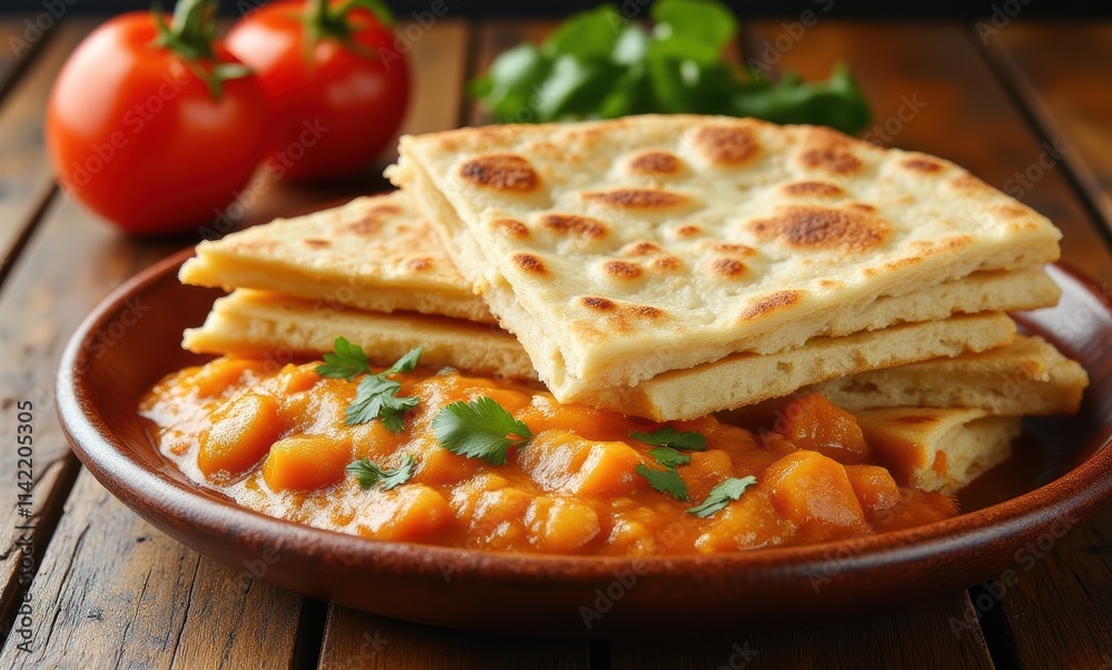 Delicious flatbread with curry dish Delicious flatbread with curry dish