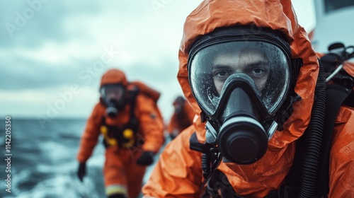 Amidst turbulent seas, a crew in orange protective suits and gas masks navigates the unforgiving waters, emphasizing teamwork and resilience in adversity. photo