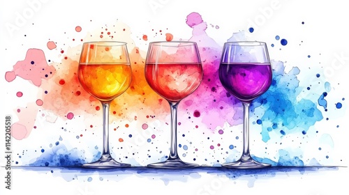 Colorful Artistic Illustration of Three Wine Glasses Filled with Vibrant Drinks Against a Splashing Background of Colorful Paint Splotches and Abstract Designs
