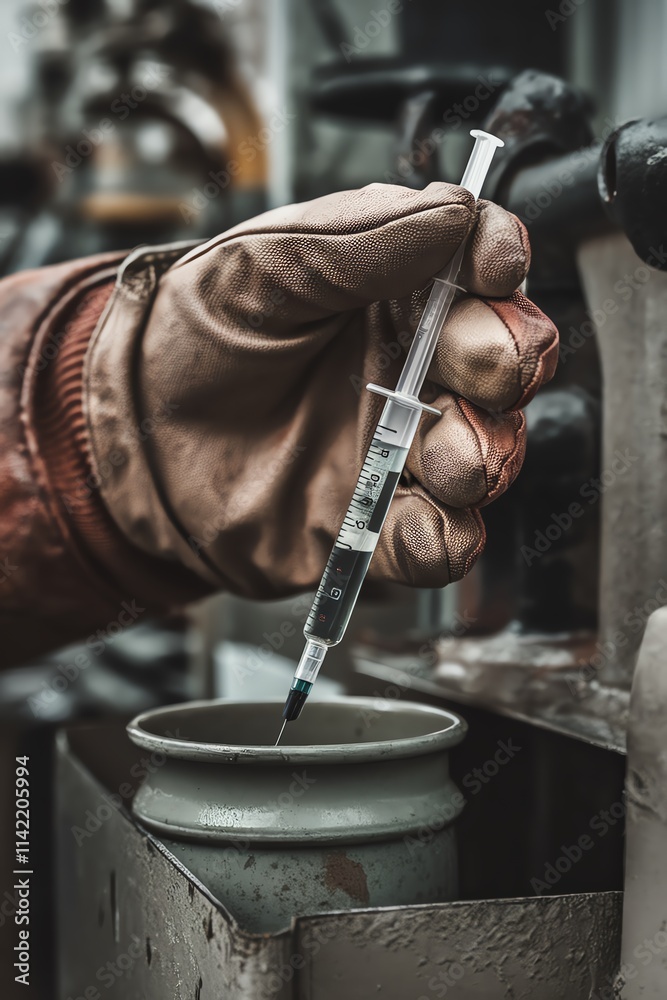 Gloved hand holding a syringe over a metal cup in an industrial setting. Gloved hand holding a syringe over a metal cup in an industrial setting.