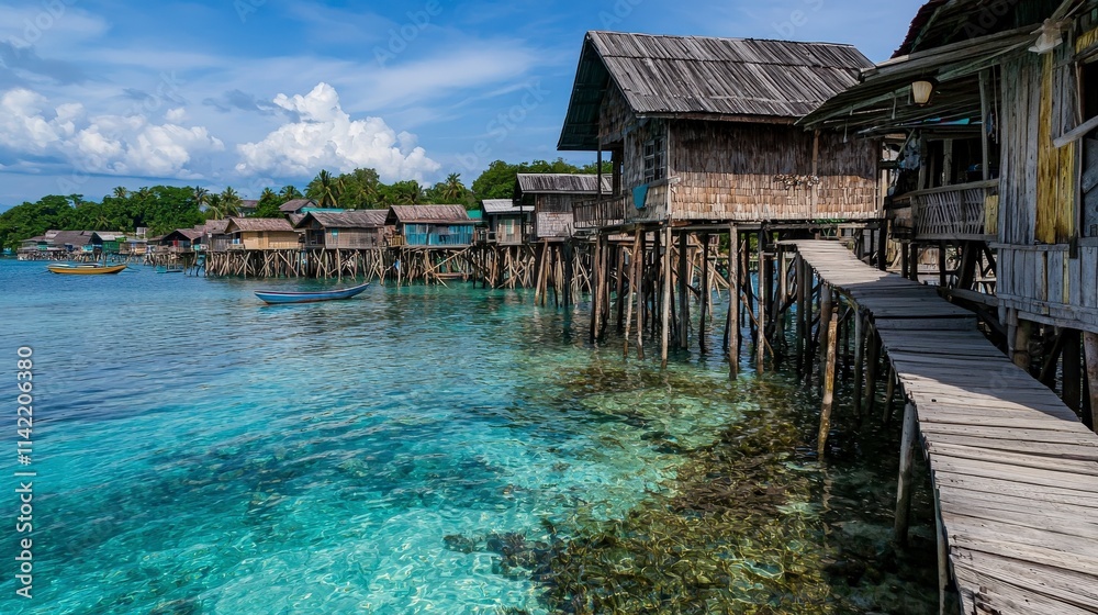 Stilt village serenity tropical waters photography coastal landscape aesthetic view peaceful living concept Stilt village serenity tropical waters photography coastal landscape aesthetic view peaceful living concept