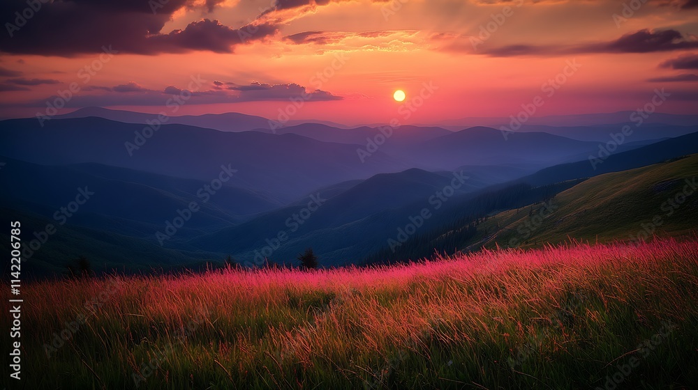 Breathtaking Mountain Landscape at Sunset with Vibrant Pink Grassy Hills Under a Majestic Sky : Generative AI Breathtaking Mountain Landscape at Sunset with Vibrant Pink Grassy Hills Under a Majestic Sky : Generative AI