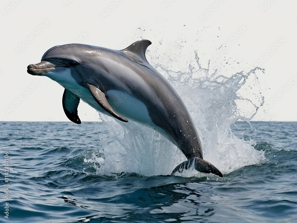 Naklejka premium happy dolphin jumping out of the sea against the sky with splashes