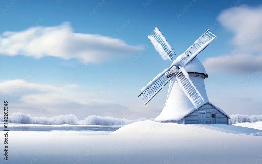 Obraz premium A picturesque old windmill covered in snow, standing alone in a winter landscape with a frosty sky 