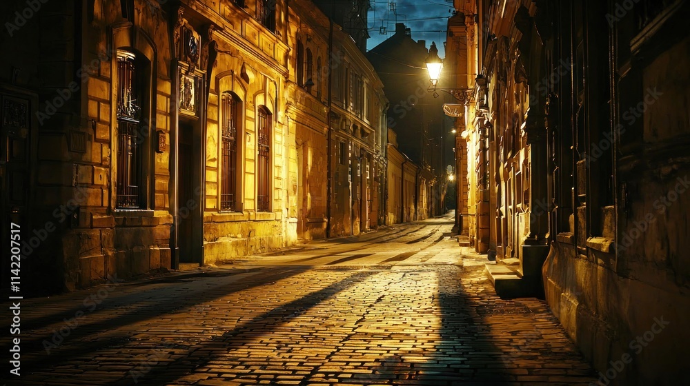 Fototapeta premium 5. A city street at night, illuminated by a streetlamp, with shadows stretching across the pavement for a dramatic effect.
