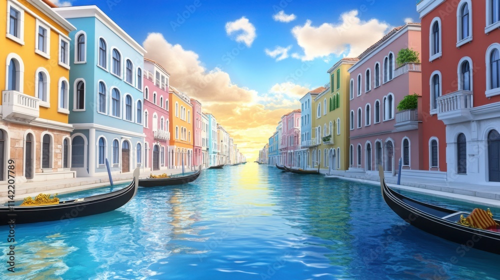 Obraz premium A scenic view of Venice canals during sunset, with gondolas gently floating