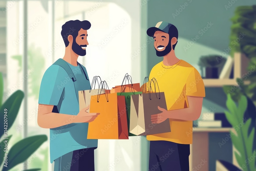 Delivery service concept, A client received shopping bags from the delivery man at home, Generative AI