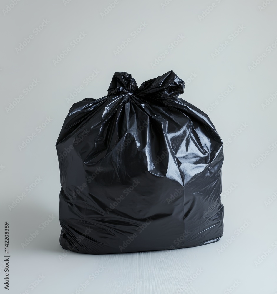 A tied black plastic garbage bag on a light grey background. A tied black plastic garbage bag on a light grey background.