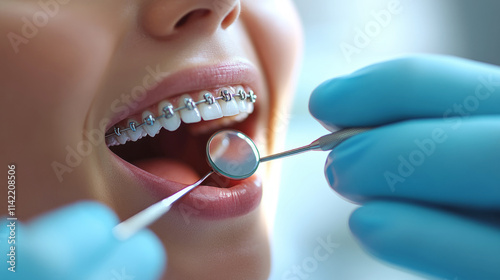 dental professional examining orthodontics braces, checking teeth with mirror and specialized tools during medical checkup photo