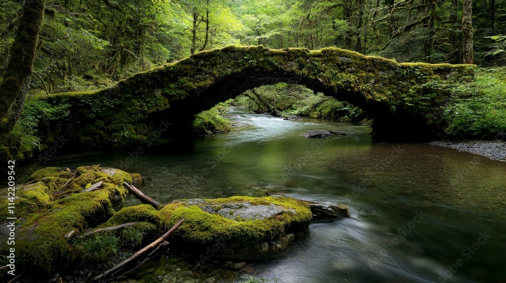 Serene nature scene old moss-covered stone bridge over tranquil stream in lush forest environment Serene nature scene old moss-covered stone bridge over tranquil stream in lush forest environment