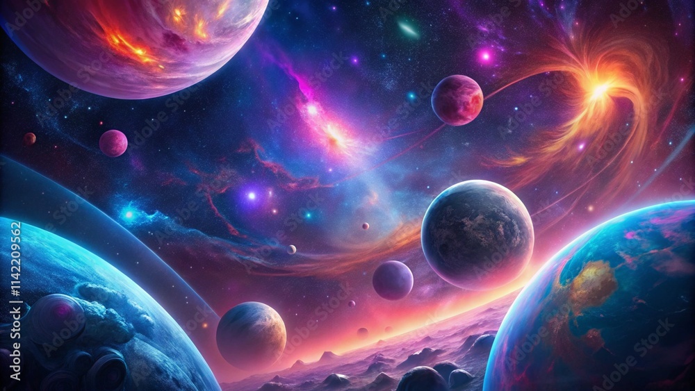 Vibrant abstract space background with cosmic planets and celestial elements
Vibrant abstract space background with cosmic planets and celestial elements